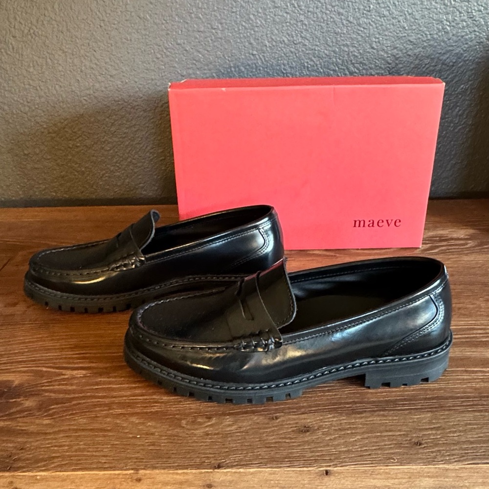 NWT Anthropologie Maeve Black Leather Chunky Lug Sole Loafers 41